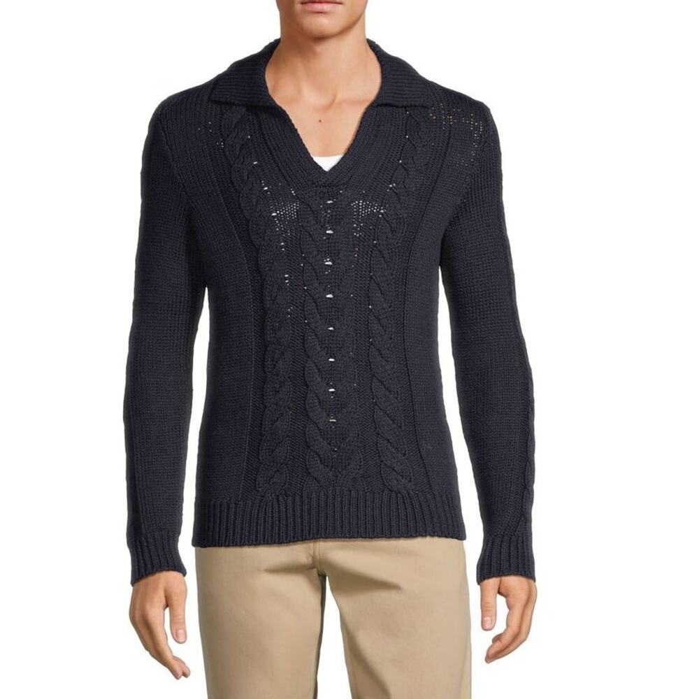 $2,195 NWT Isaia Silk & Cotton-Blend Blue Cable-Knit Polo Sweater Size XL
